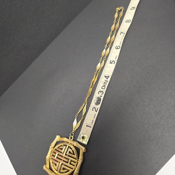 Vintage Chinese Longevity & Bamboo Pendant & Chain Brushed Gold Tone By Lisner - Picture 7 of 8